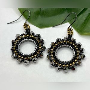 Seed Bead Earrings Black, silver and gold beads Disc Earrings